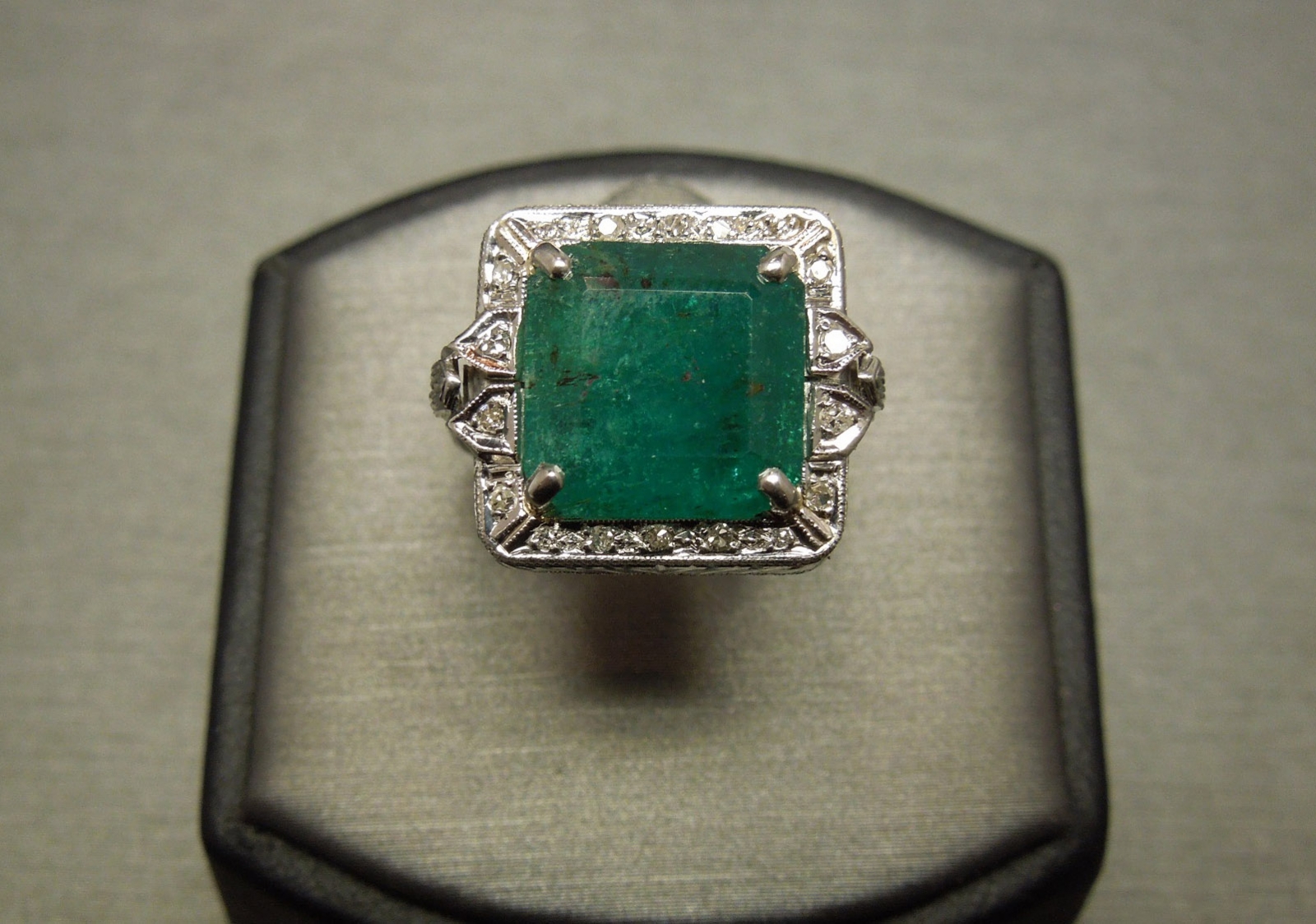 Art Deco Emerald Ring 6.82TCW Platinum Engraved C1930