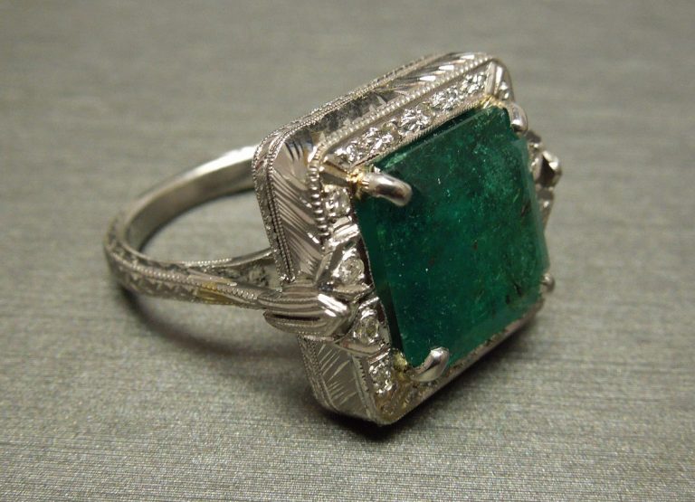 Art Deco Emerald Ring 6.82TCW Platinum Engraved C1930
