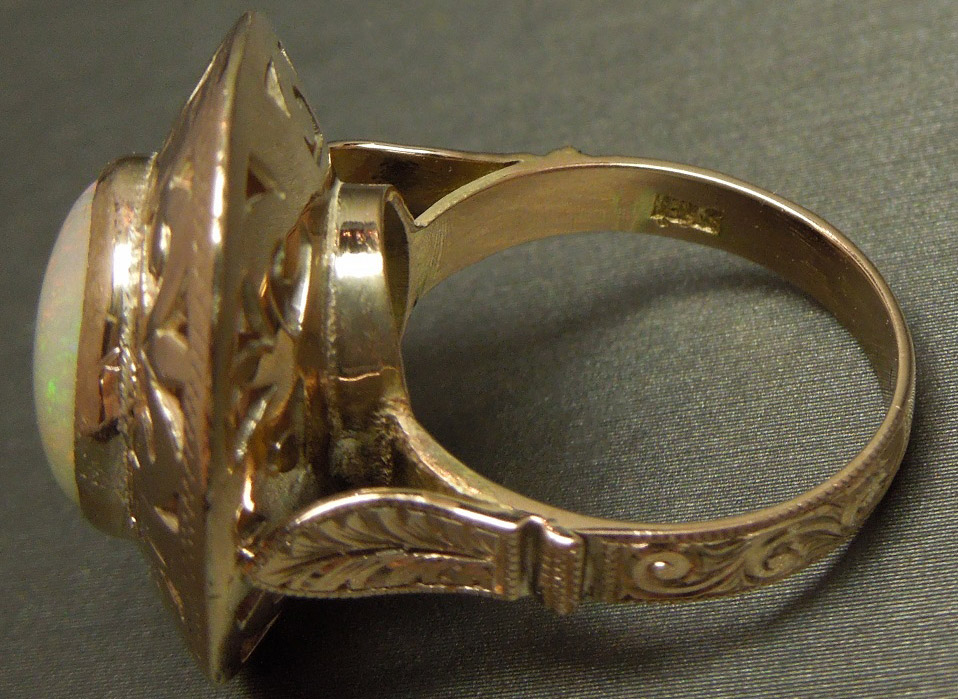 14KT Antique Rose Gold Opal Ring Filigree Victorian C1940