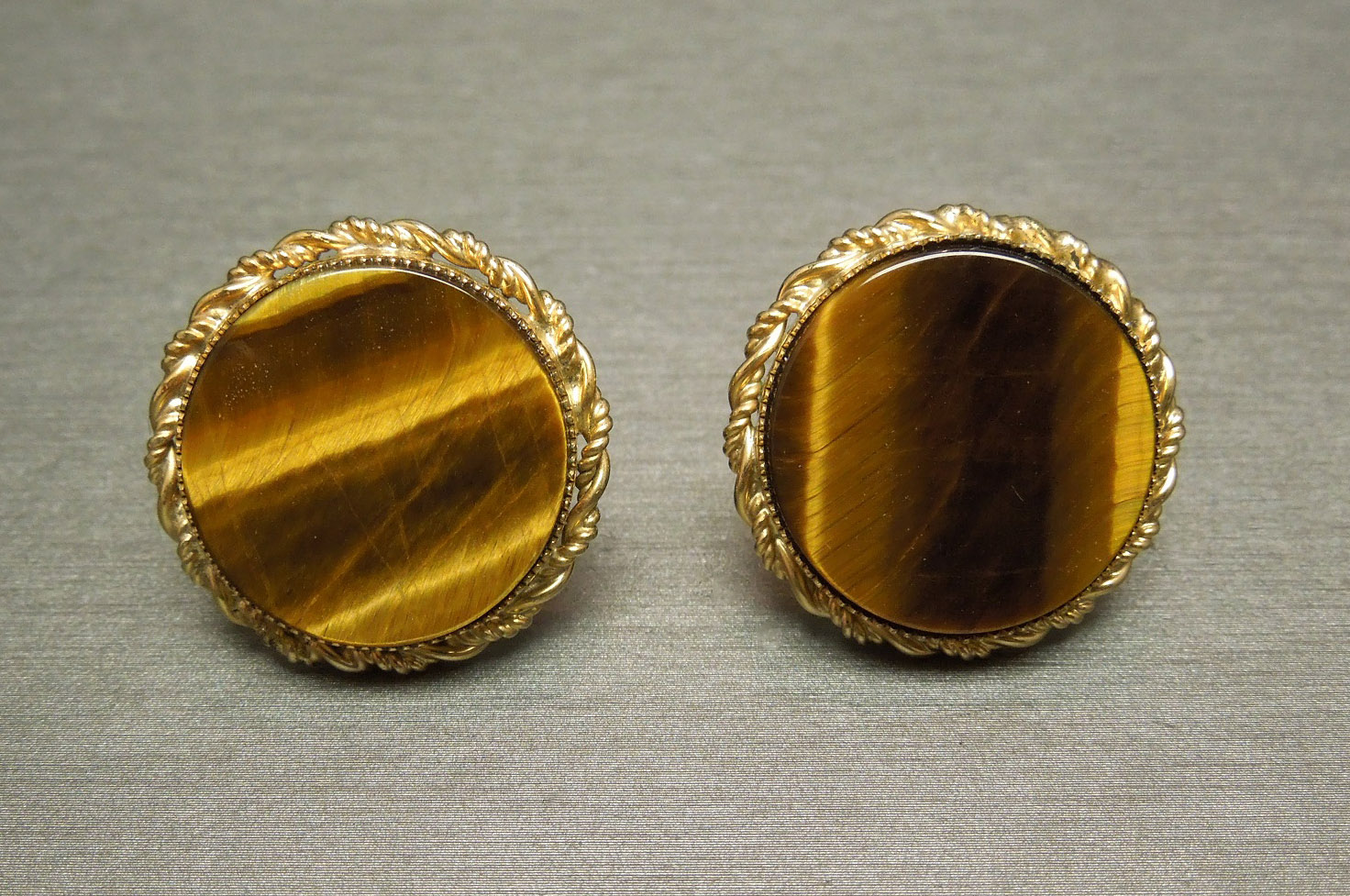 Vintage Gold Filled Gold Rope Tiger Eye Cufflinks C1960